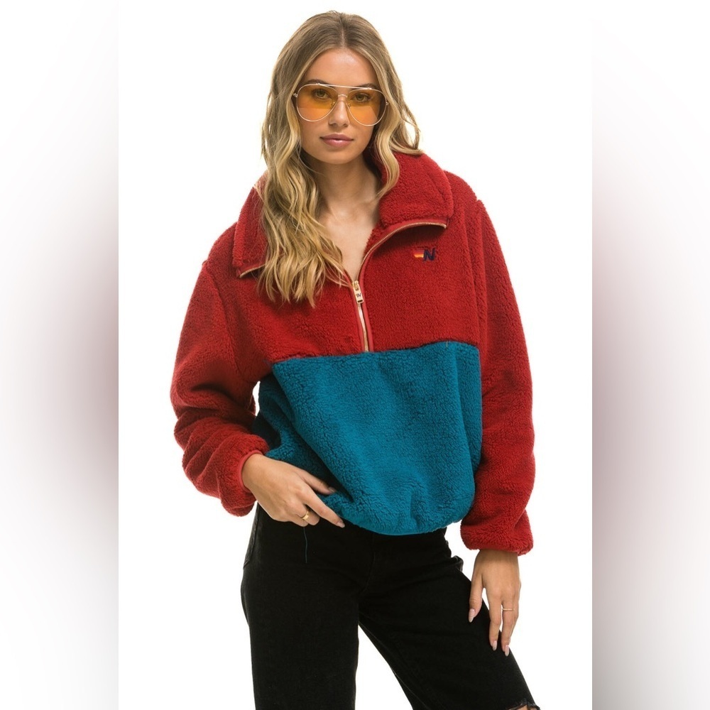 AVIATOR NATION NWT TEDDY APRES HALF ZIP COLOR BLOCK JACKET in Cherry— size XS